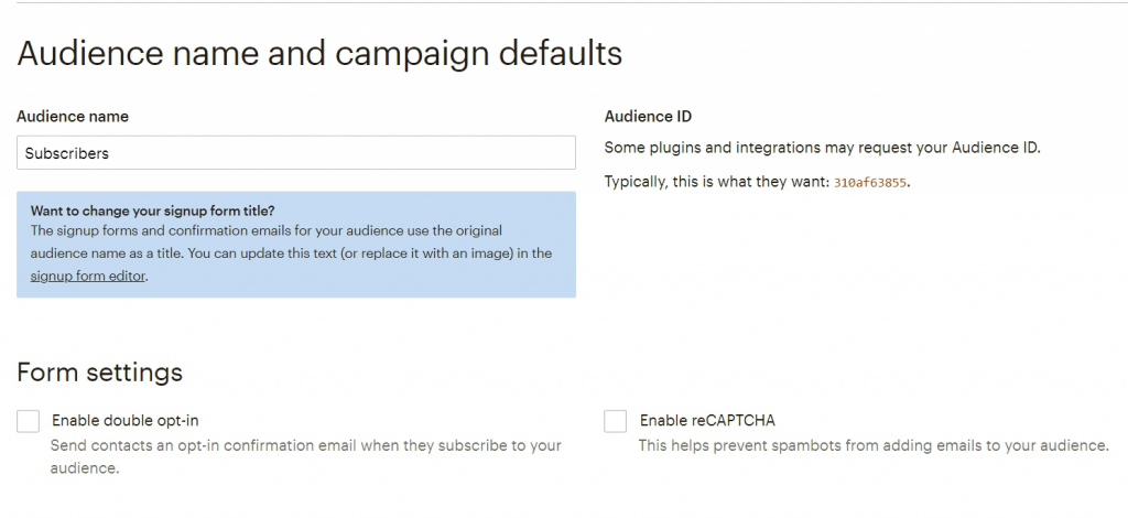 Audience name and campaign defaults