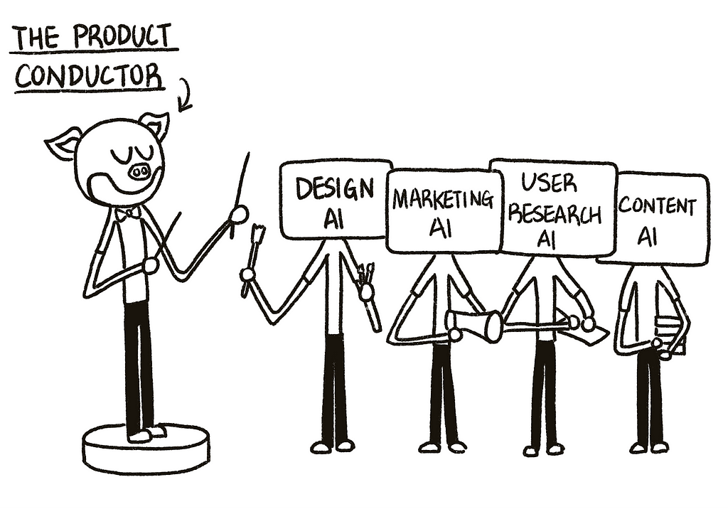 An illustration of a pig who’s a conductor and standing in front of 4 other people who are labeled as “design”, “marketing”, “user research” and “content”.