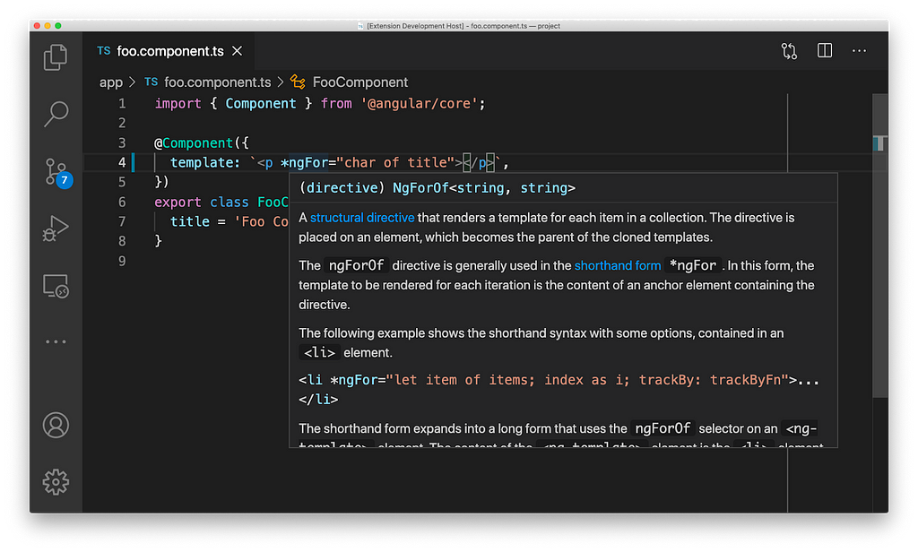 Screenshot of IntelliSense style insights in Angular templates.