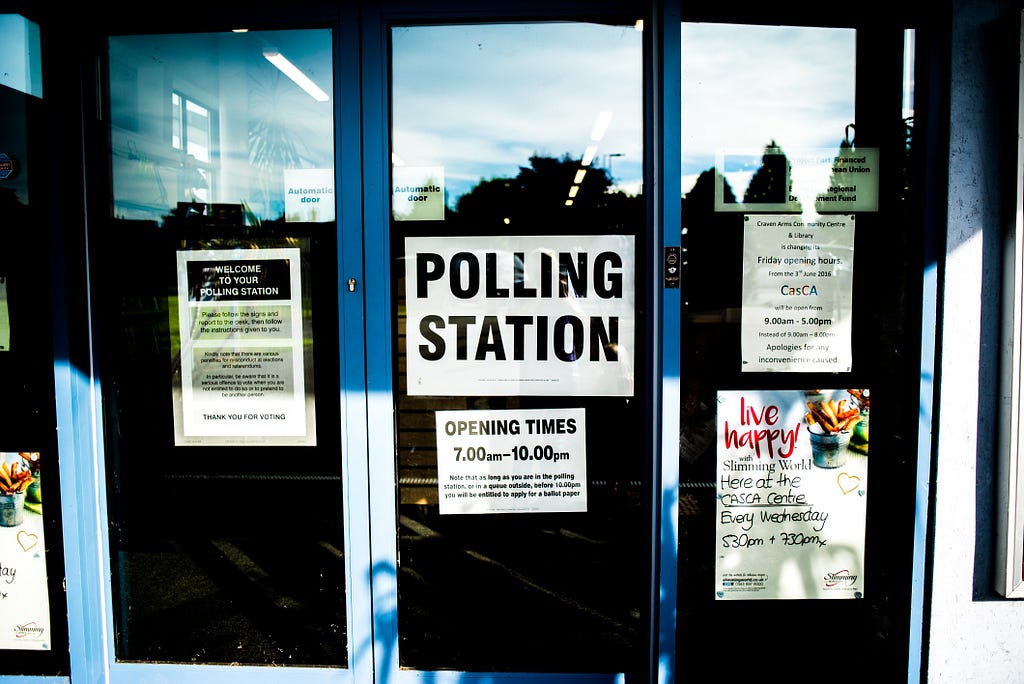 Picture of a polling station’s doors, with posters featuring voter info, such as opening times.