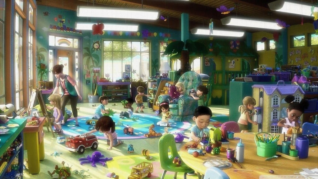 Animation frame of daycare center with kids playing peacefully
