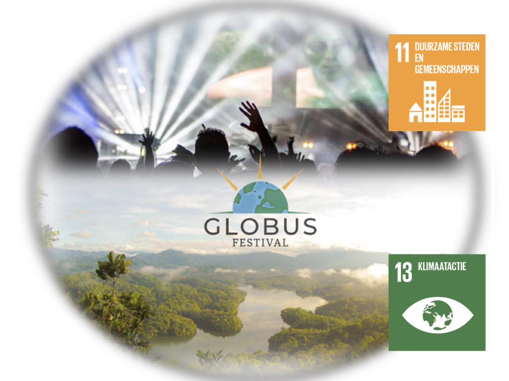 Logo of GLOBUS on a background with partying people and a forest, with the logo’s of the related SDGs