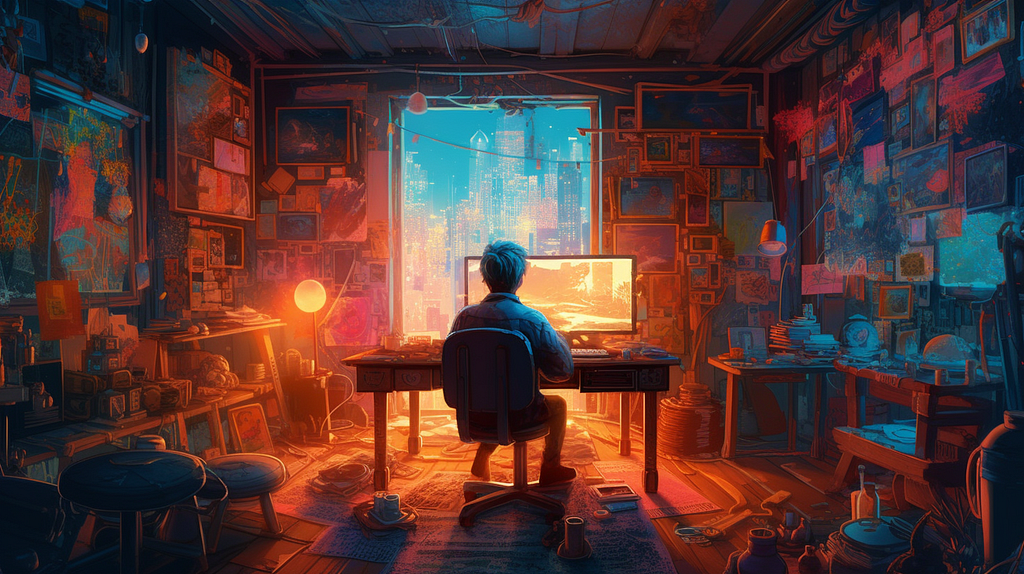 An atmospheric and cozy illustration of a person sitting at a desk, facing a large window with a cityscape view. The room is cluttered with artistic and eclectic decor, bathed in the warm light of a sunset that floods in from the outside.
