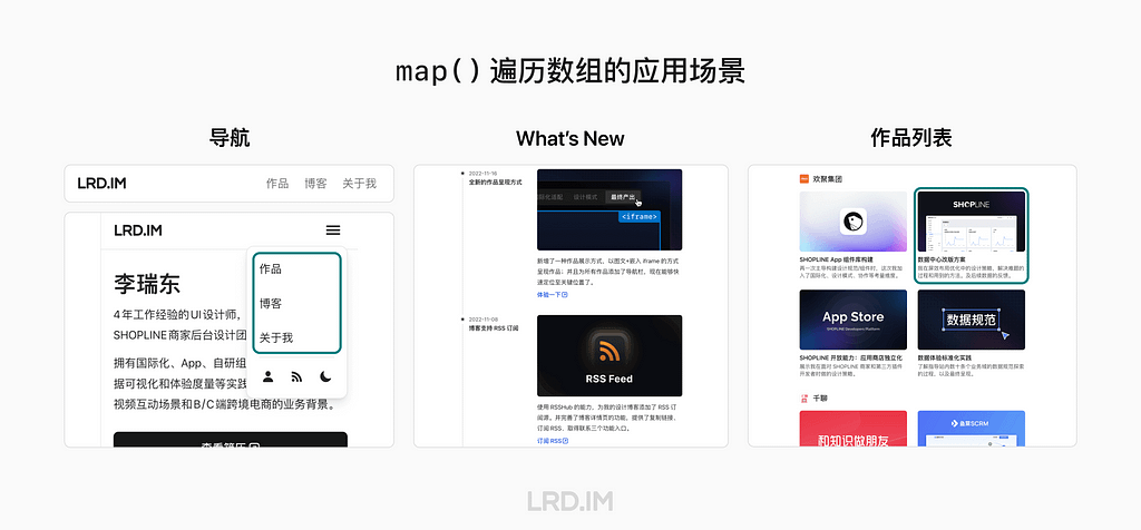 map 遍历用在Header 导航栏、作品详情页平铺图片的模块、以及 What’s New 页面的内容的示意图