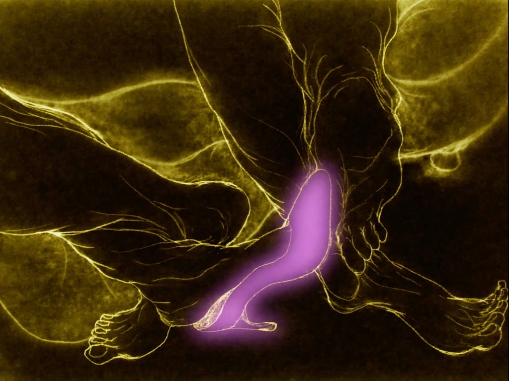 Close-up of two pairs of legs outlined in neon yellow-green, twisting against a black background. In the center of the frame, a glowing, pink high heel hangs from a foot.