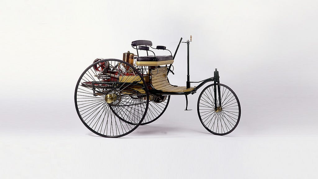 An image of the first car invented by Carl Benz, a German inventor.