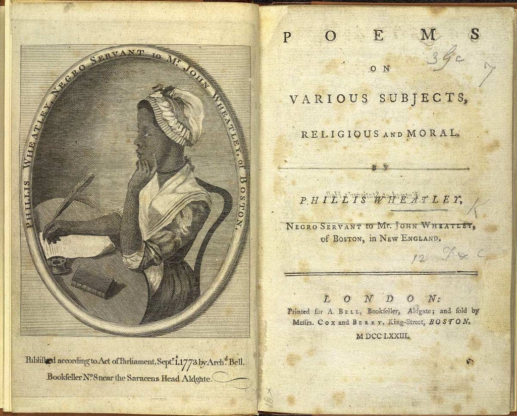Frontispiece and title-page to Phillis Wheatley’s Poems on Various Subjects, Religious and Moral, published in 1773.