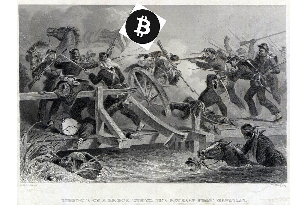 Meme showing a man carrying a BTC flag at the Battle of Bull Run