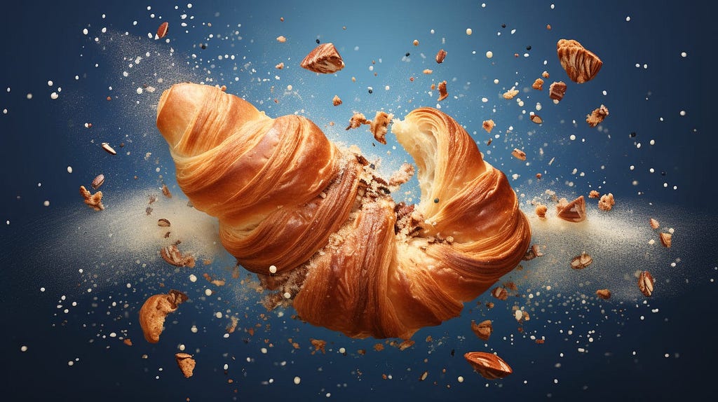 Image of a croissant exploding, possibly in space.