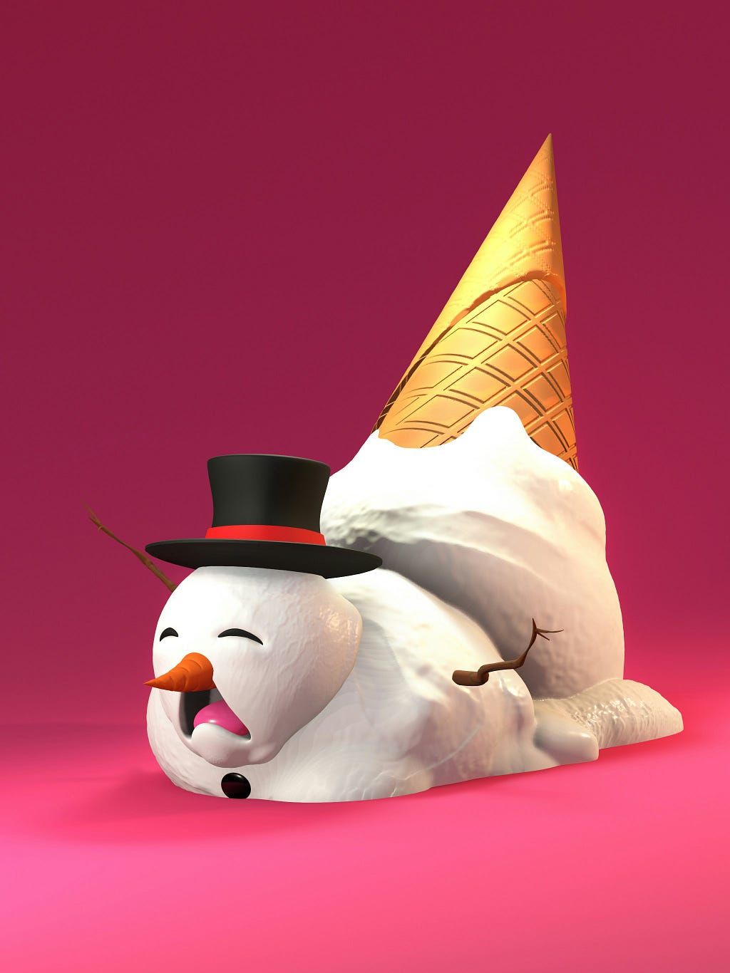 A stylised ice-cream cone has fallen on the ground. The balls of ice-cream are depicted as a snowman that is lying down and crying as it melts.