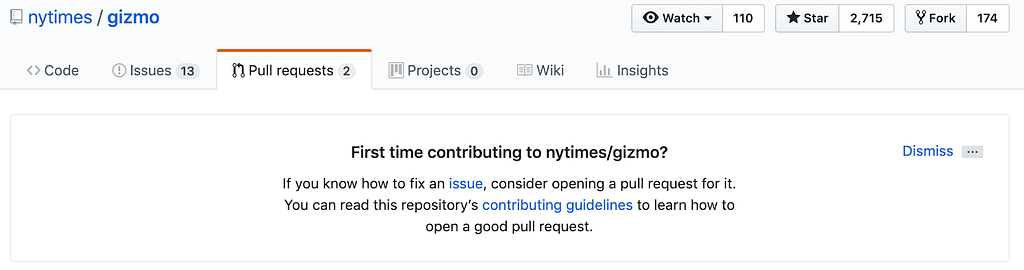 GitHub pull requests tab with contributing guidelines link