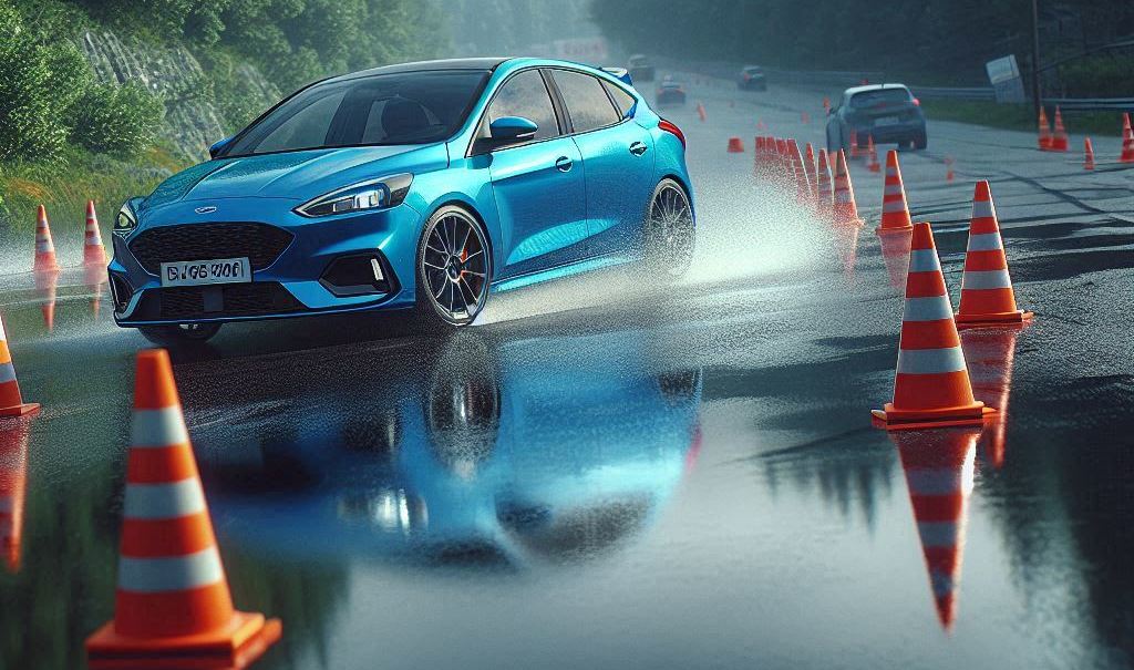 Ford Focus azul en slalom entre conos naranjas en pista mojada, reflejos de agua, día lluvioso, paisaje verde con árboles.