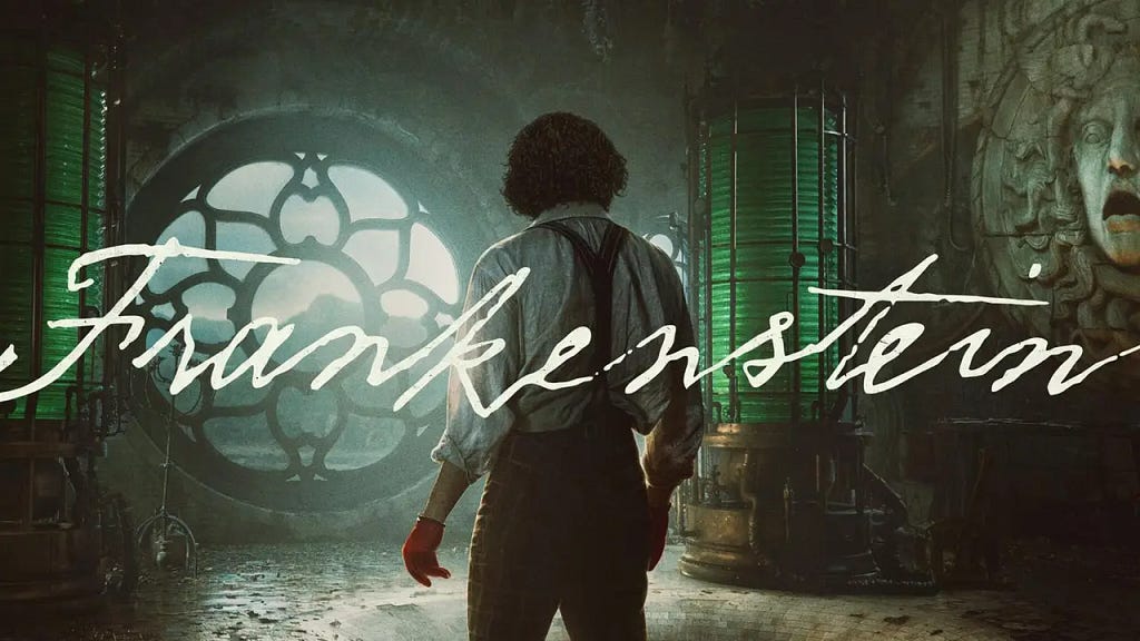 A part of the theatrical poster for this film — Victor Frankenstein, wearing suspenders and a white-collared shirt, has his back to us as he looks around his gothic laboratory high above the ground with mountains visible through an ornate, large, circular, window. A man-sized green ‘capacitor’ like tube is visible against the wall.