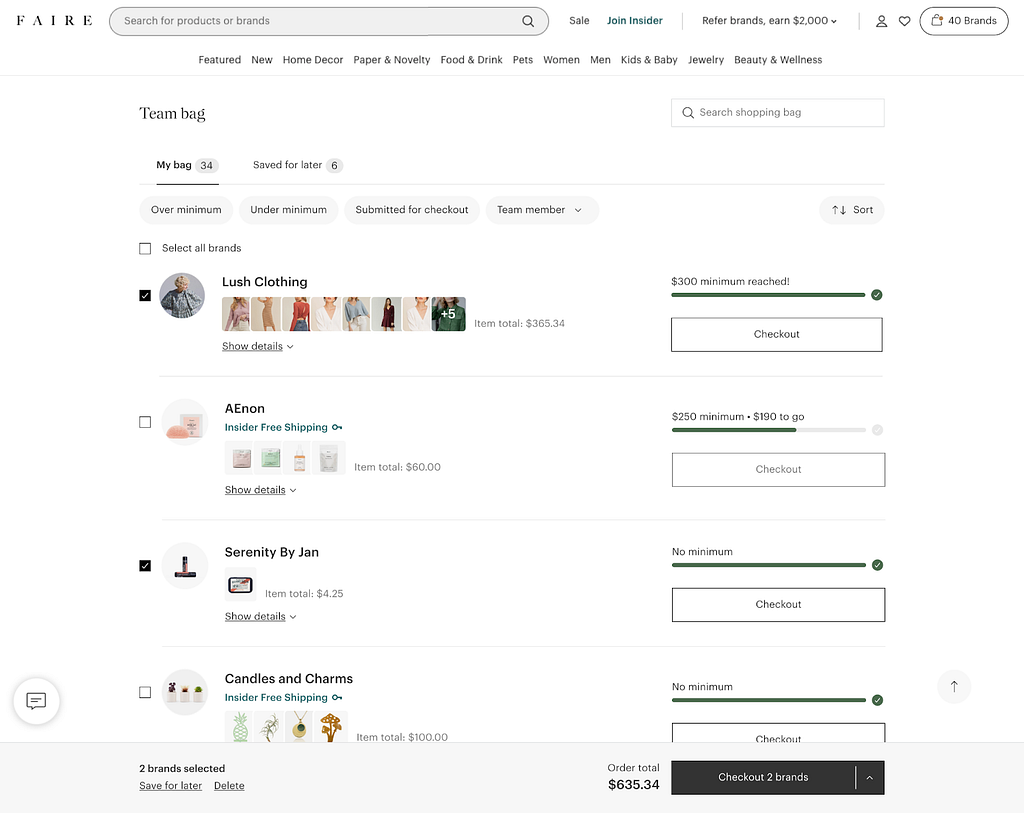 Screen showing a retailer’s cart with multiple brands and bulk actions to manage them.
