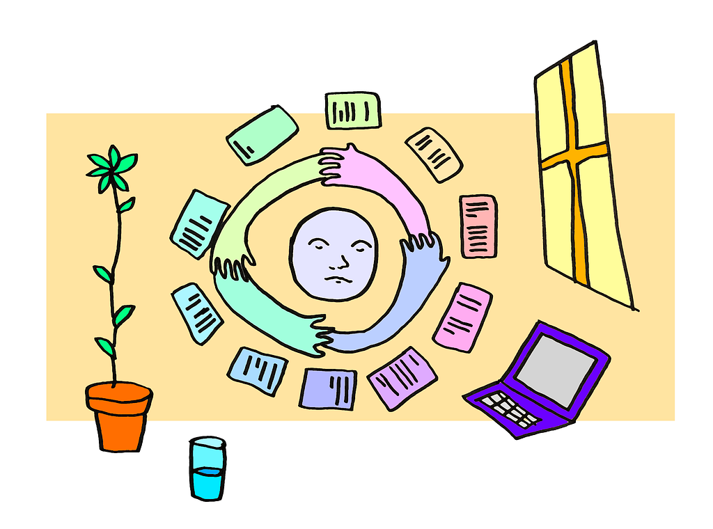 A calm face with arms and papers around it in a circle. There is a plant, water, laptop, and window.