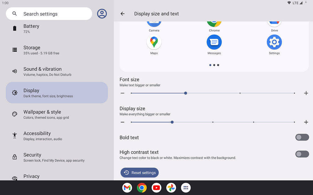 “Display size” setting under “Display” on a tablet