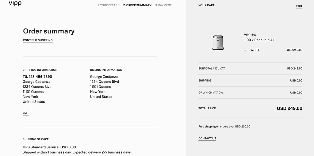 Checkout screen with a summary of the items ordered