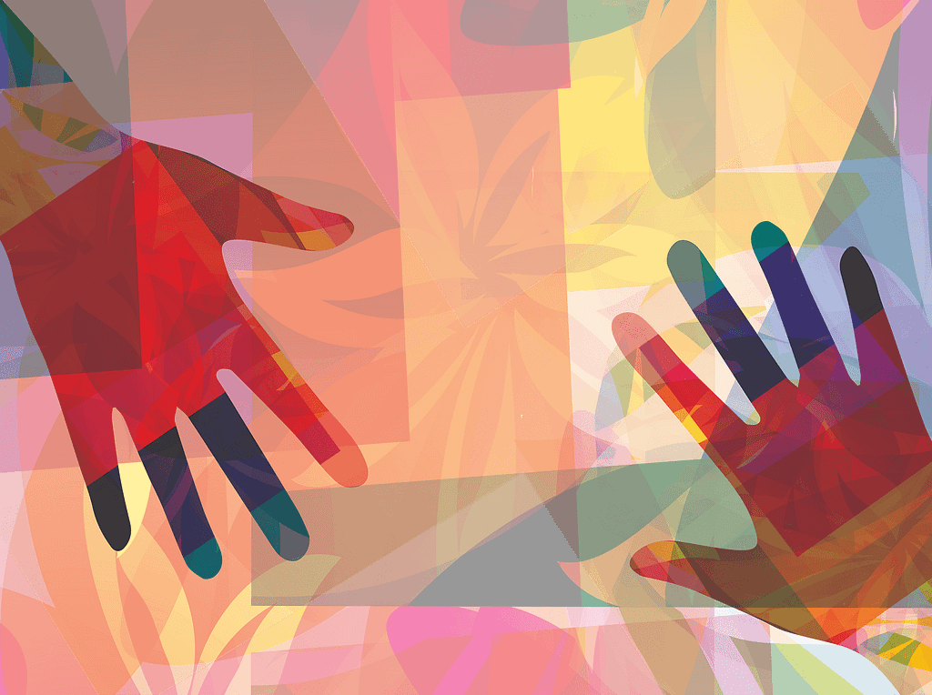 Bright colorful human hands over a floral pattern. Design by Dori Walker/RAND Corporation from proksima/Getty Images