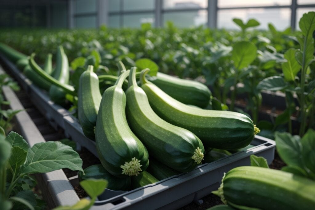 Fresh hydroponic zucchini harvested in a greenhouse, displayed in a gray tray surrounded by lush green plants.