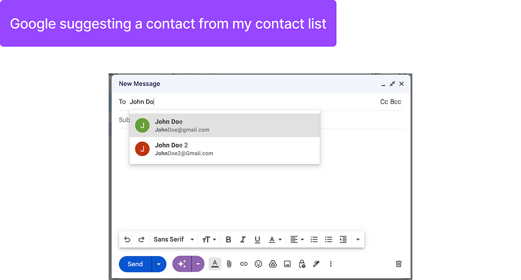 An image shows Gmail, where a user is typing a contact name, and Gmail is suggesting a contact from user’s contact list.