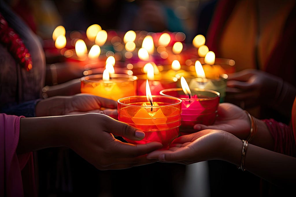 2 lines of people facing each other holding candles together in outstretched hands.