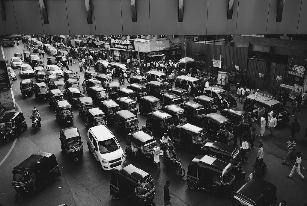 A traffic jam, black and white photo