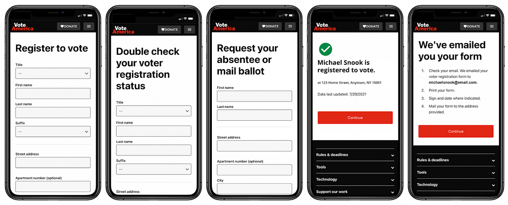 Several smartphones showing various VoteAmerica forms for checking voter registration status, requesting an absentee ballot, and more.