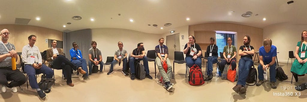 A photo of the BoF session where everyone was talking about digital sustainability. We were sitting in a circle, and this was a panorama taken from a 360 camera.