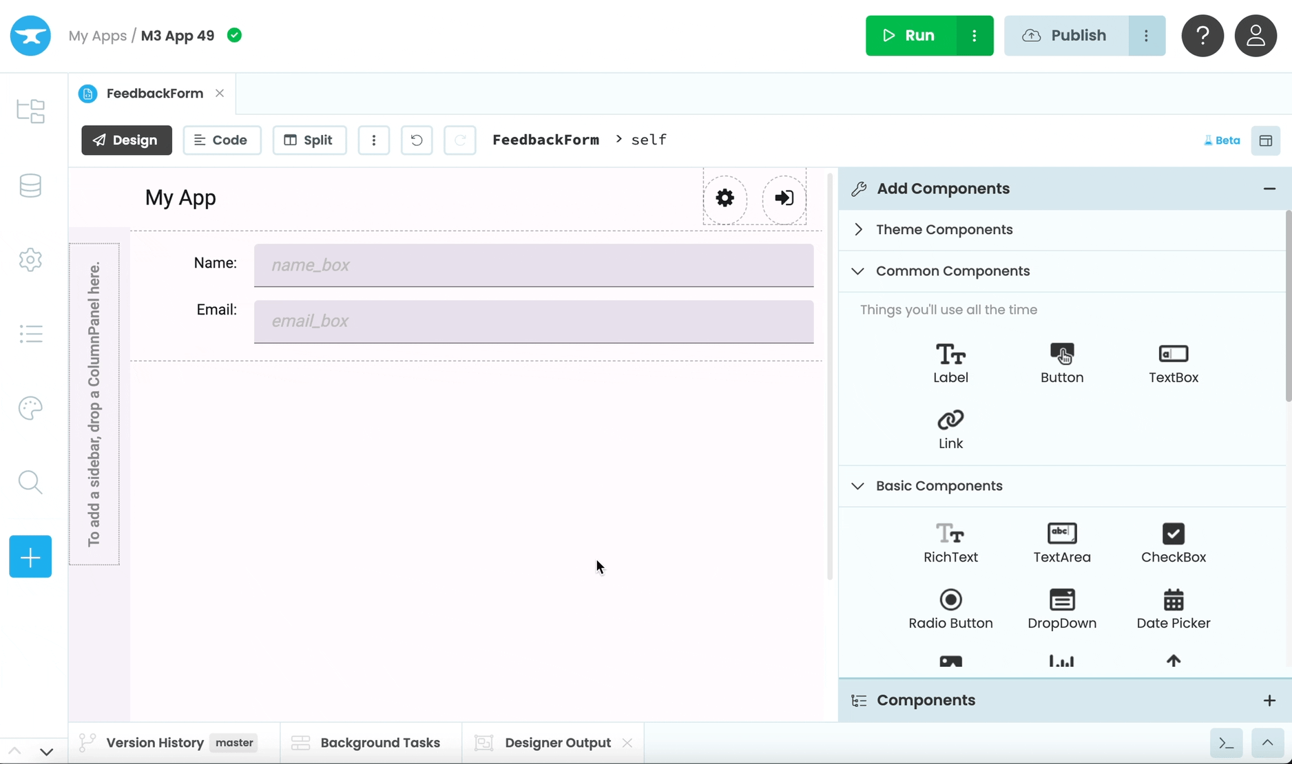 Adding a Button component to the Form and editing its properties from the Object Palette and Properties Panel in the new Beta Drag-and-Drop Designer