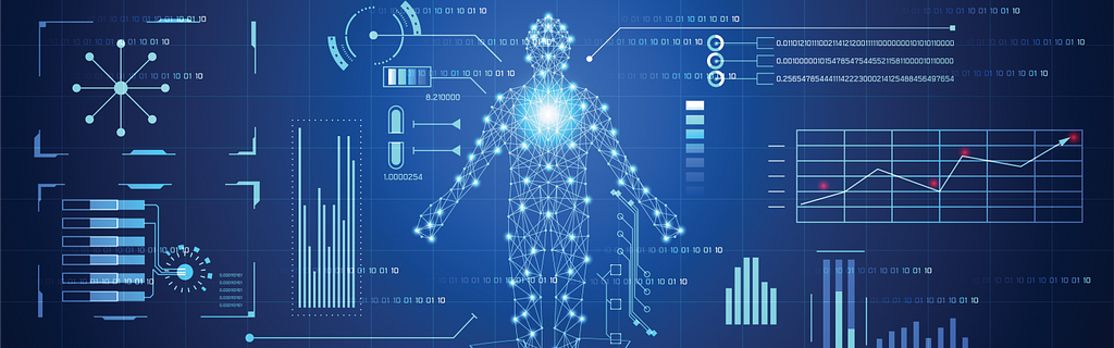 a human body in the middle shown as data points and connected to various charts and graphs