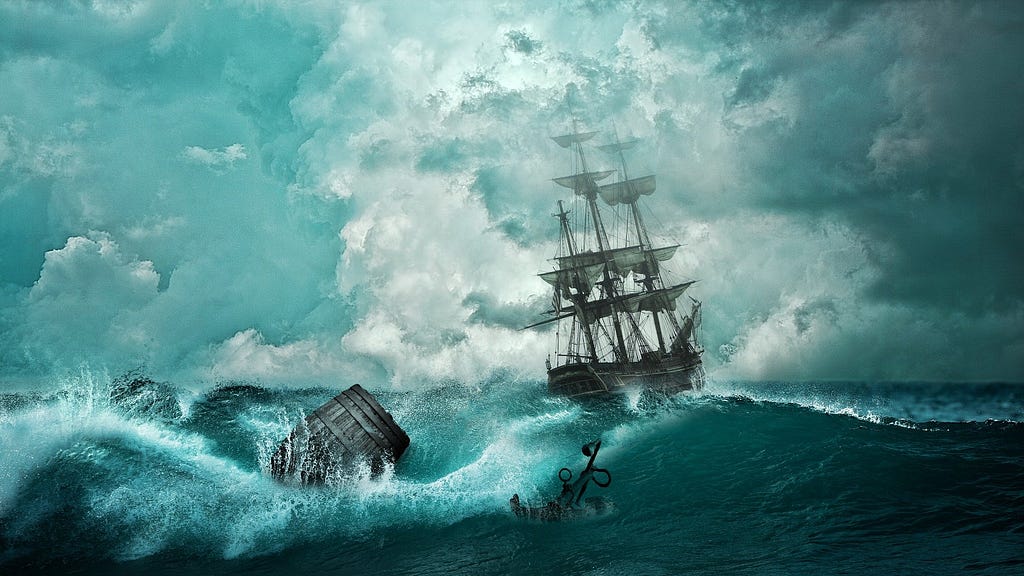 A sailing ship caught amid a storm. On the waves, a barrel and an anchor are floating.