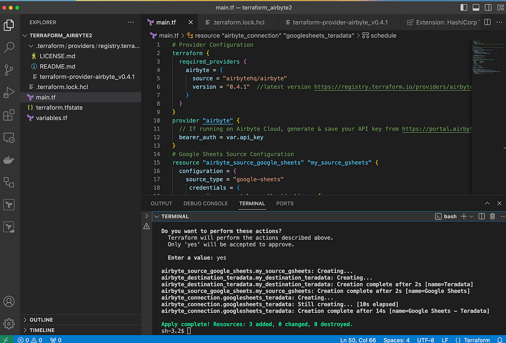 Visual Studio Code running terraform apply and confirmation to generate a plan and carry out the plan.