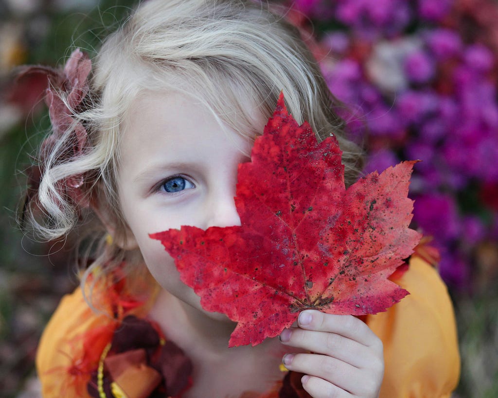 kid playing with a leaf in her free time highlighting the importance of quiet time and imaginative exploration.