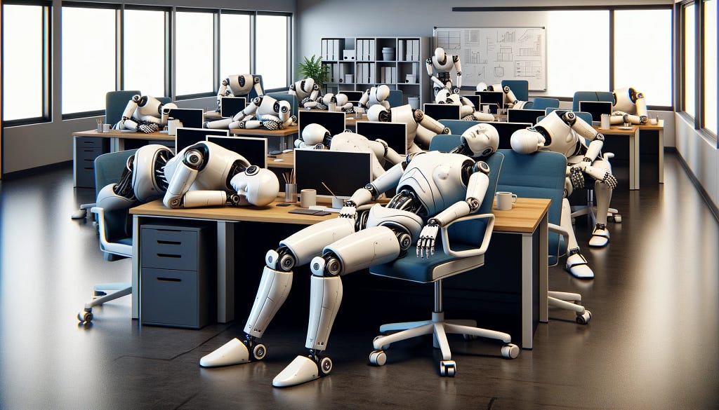 This realistic 3D-rendered scene depicts a professional office setting filled with robots from a ‘lazy robot squad’. Several robots are sprawled across desks and chairs, visibly asleep with their heads resting on desks and limbs in relaxed positions. The robots have a modern, metallic design, humorously portraying an exaggerated depiction of laziness in the workplace.