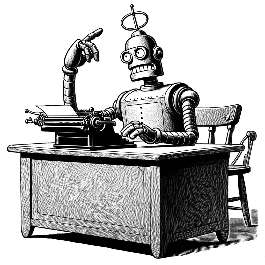 A cartoon depicting a robot sitting at a desk with an old-fashioned typewriter. The robot appears confused, as if it’s trying to remember something. It’s looking upwards with a thoughtful expression, one metal hand hovering over the typewriter keys. The scene is in black and white, capturing the essence of a classic cartoon, with simple lines and a humorous touch.