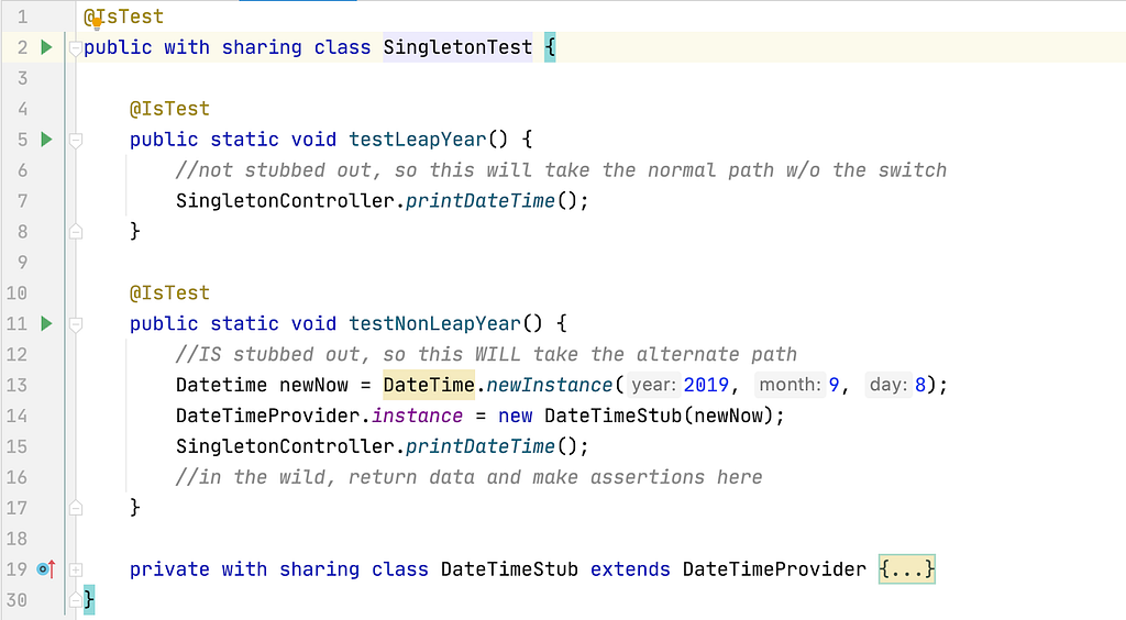 Singleton Test methods expanded. testLeapYear not stubbed out. testNonLeapYear stubs DateTimeProvider.