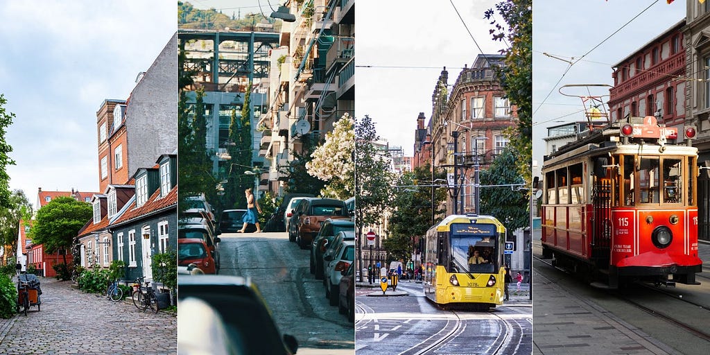 Transport types in europe in 4 images (biking, walking, public transit, tram)