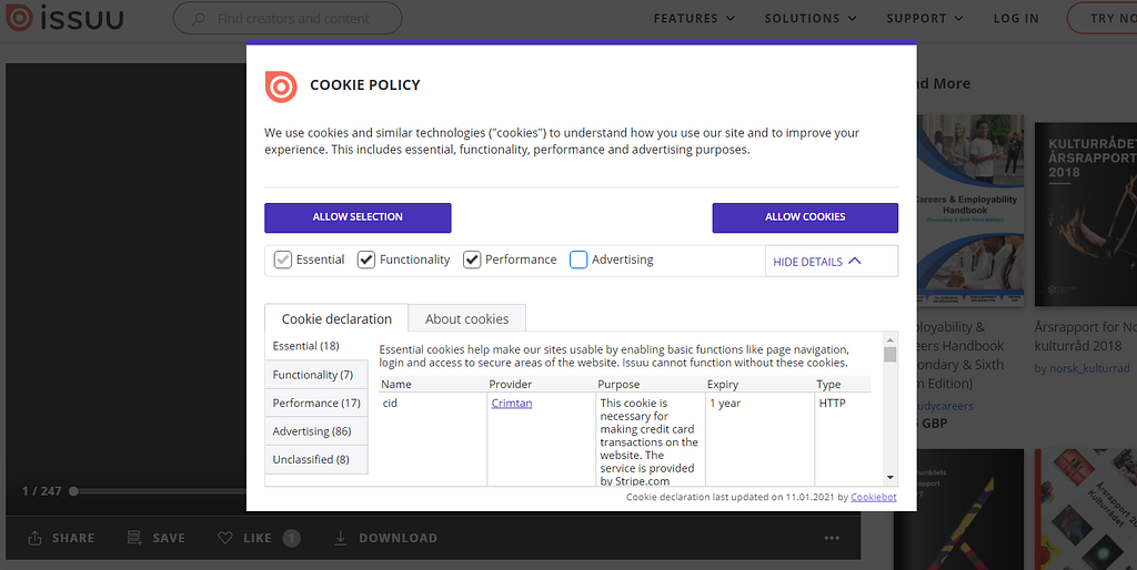 Cookie-policy pop-up which allows users to opt out of cookies with checkboxes