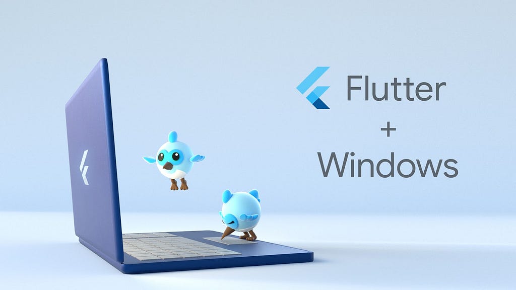 Imagem de um laptop com dois pássaros azul-claros que representam a Dash, mascote do Flutter e do Dart, pairando sobre o teclado. O texto na imagem é: “Flutter + Windows”.