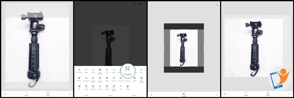 Use the expand tool within Snapseed to convert a vertical image into a square image - by adding extra to the sides - content aware fill