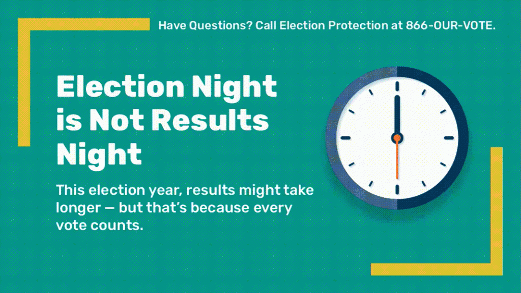 Election Night Is Not Results Night.   This election year, results might take longer - but that's because every vote counts.   Have questions?   Call Election Protection at 866-OUR-VOTE.   Image: a clock face with the second and minute hands moving