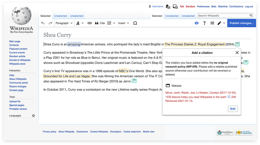 screen shot of Wikipedia page in edit mode