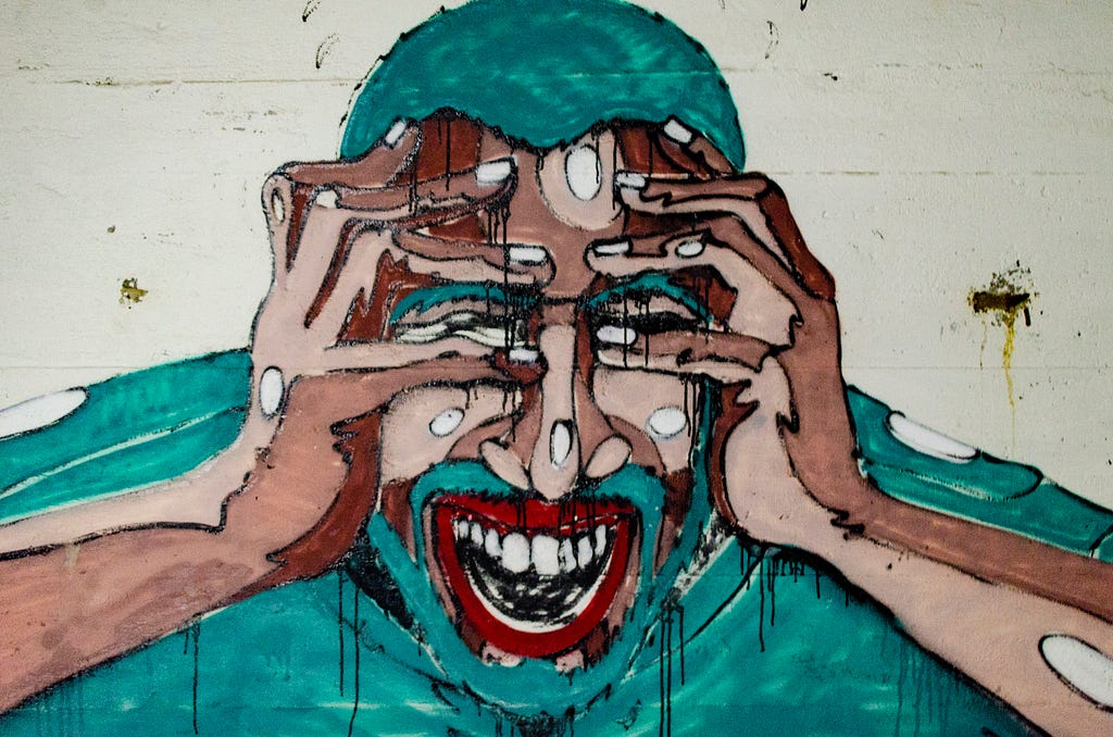 Painting of someone with their hands on their face and their mouth wide open.