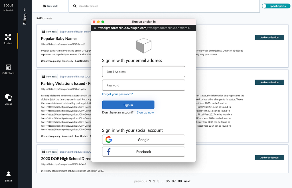Another screen grab of Scout showing a list of datasets and their descriptions under a pop-up ‘sign in’ modal that provides options to make an account or sign in using Google or Facebook