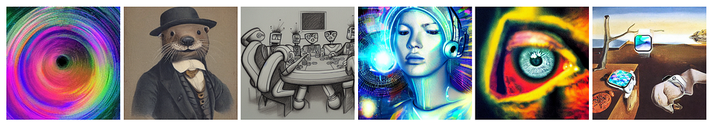 6 square images in a row of art generated by Stable Diffusion. From left to right: A swirling hole of colors, an otter with a hat and suit, a bunch of robots playing poker around a table, a surreal looking femme robot wearing headphones, an eye peering through layers of triangles, and a melting clock Dalí scene but with TVs instead of clocks