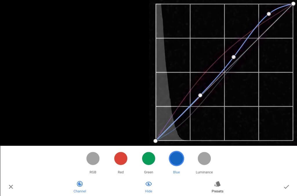 Adjust colour channels shadows and highlights using the Curves tool in Snapseed photo editing app