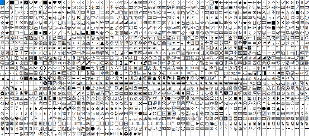 Screenshot of all MDL2 icons available as a grid of very small images