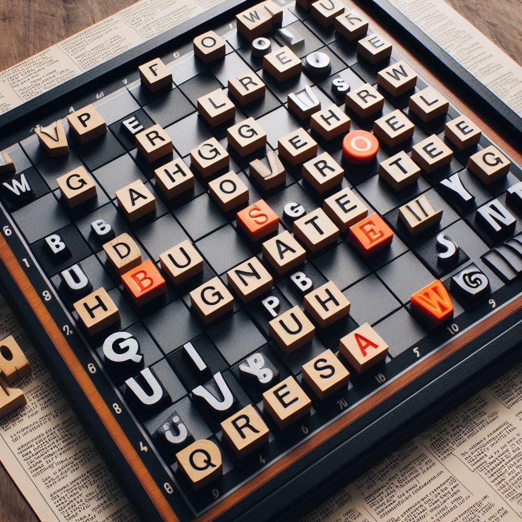 AI generated image of a board game sitting on top of a newspaper. The black chessboard is covered with all sorts of random tiles of type.