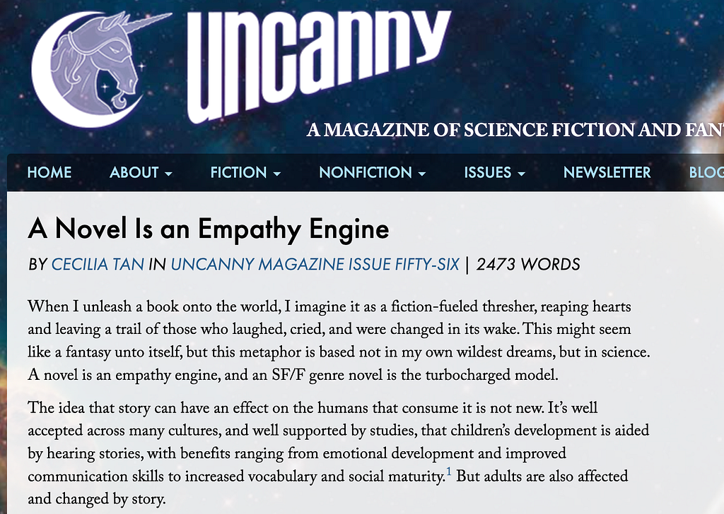 Screencap of the beginning of the essay on the Uncanny Magazine site