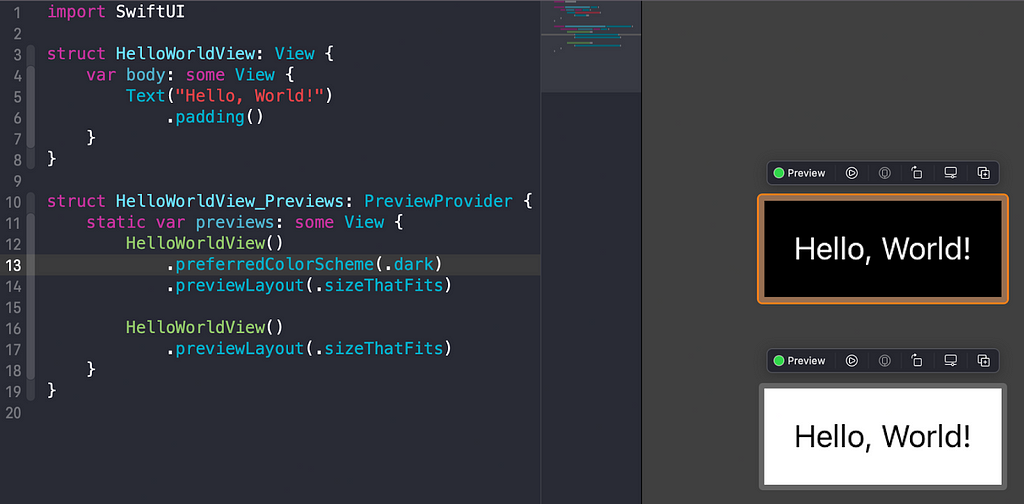 Screenshot of Xcode environment with a SwiftUI view presenting a Hello Word text and using the preferredColorScheme modifier